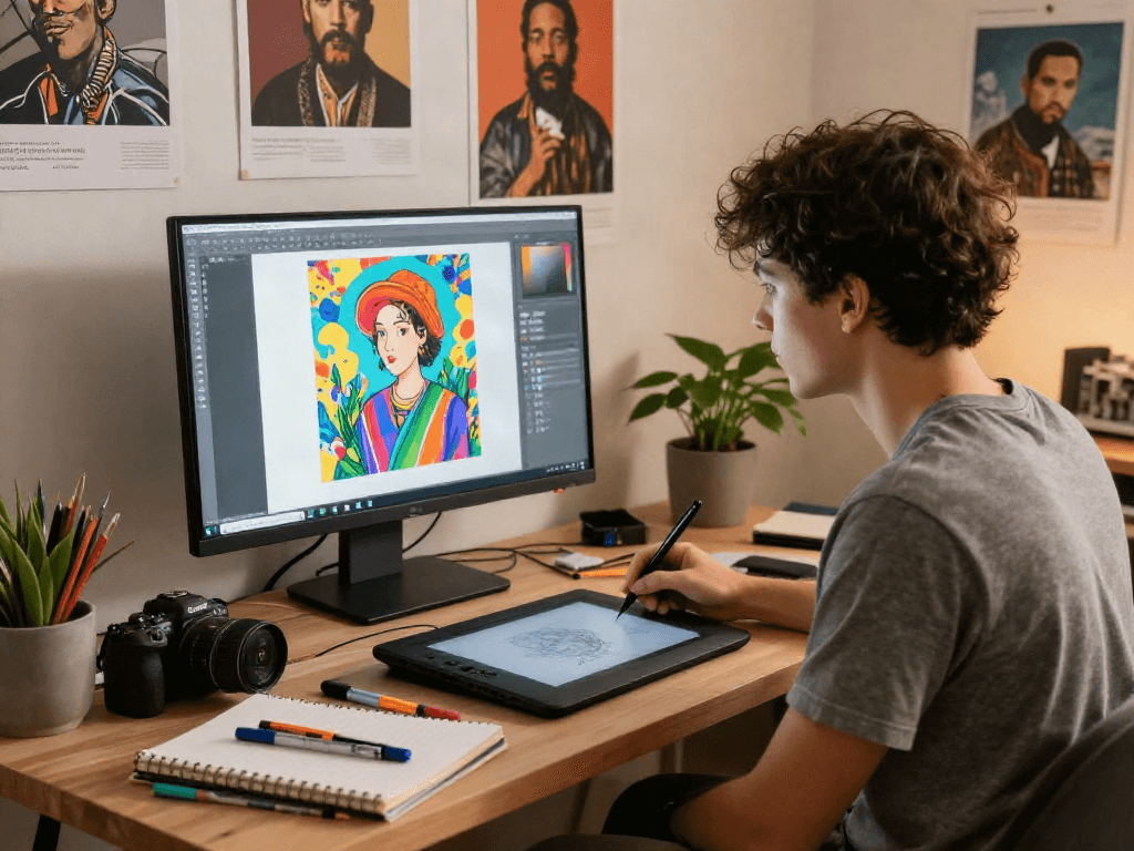 Creating digital artwork in a cozy studio with 18+ ai tools and vibrant colors.