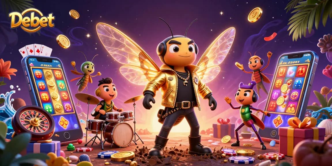 Experience the thrilling world of Debet with a 3D cicada rock star and casino game elements bursting with excitement.