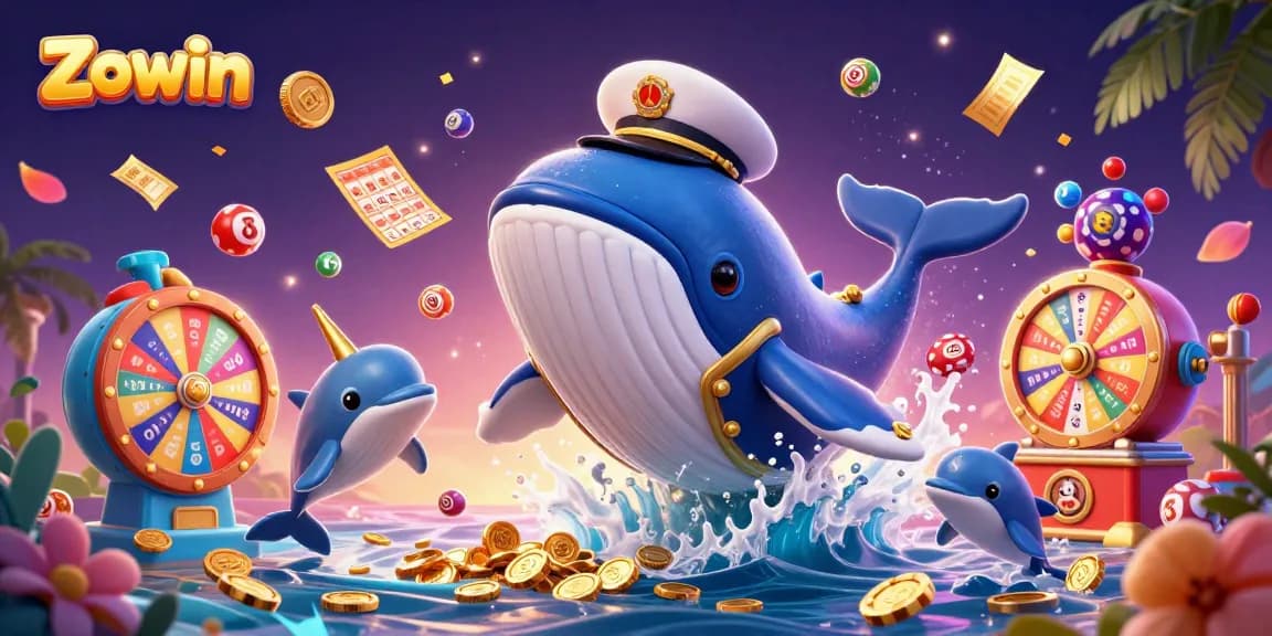 Zowin promotes thrilling gaming experiences with dolphins, a whale, and vibrant lottery elements.