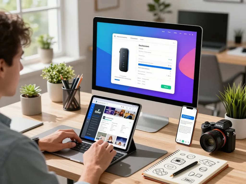 Explore unique tech gadgets in a modern workspace with vibrant devices and ambient decor.