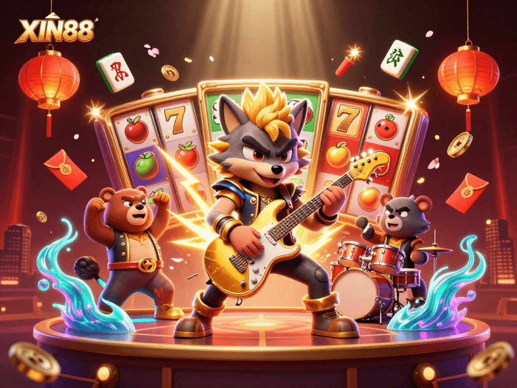 XIN88 immerses players in exciting slot action with a dynamic rock star wolf illustration