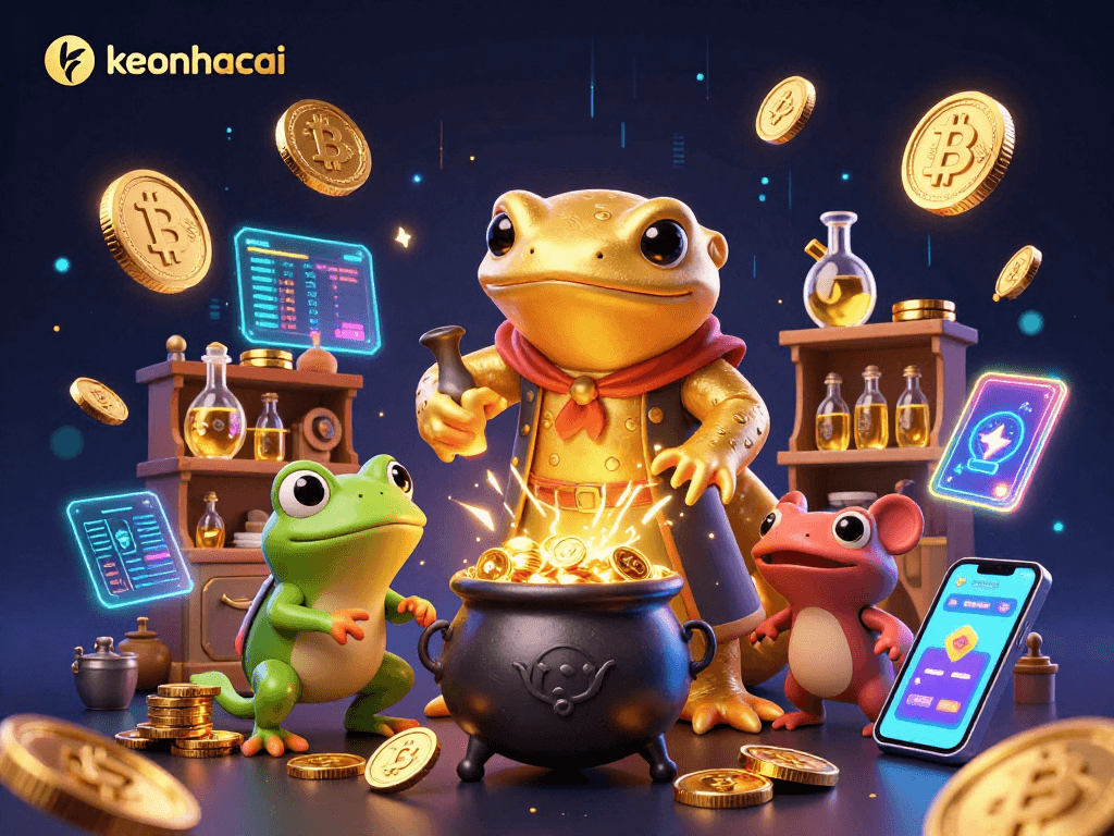 Engage with keonhacai through an enchanting alchemist scene with vibrant crypto elements.