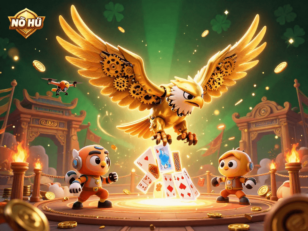NỔ HŨ jackpots await as a golden eagle soars through holographic cards amidst vibrant casino elements.