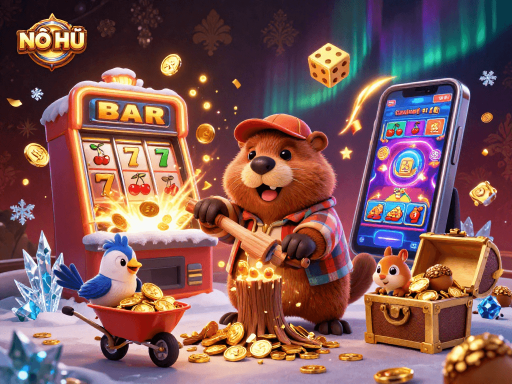 NỔ HŨ action with a playful lumberjack beaver and friends in a vibrant casino jackpot scene.