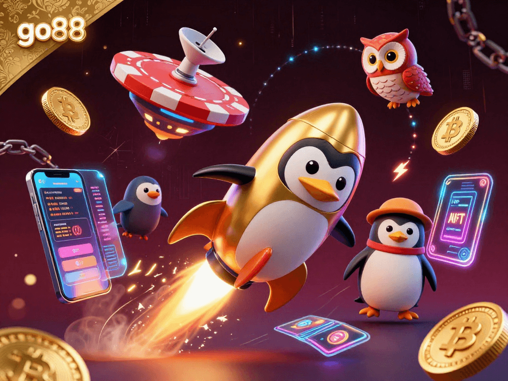 Experience go88's vibrant slot gaming adventures with a golden penguin in a cosmic casino scene.