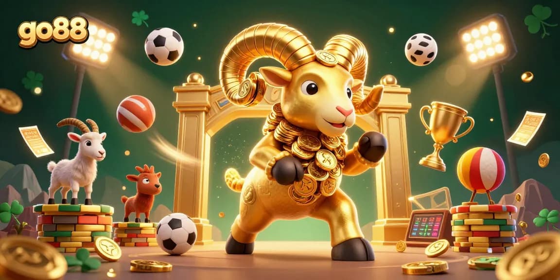 go88 showcases a vibrant 3D illustration featuring a golden ram charging through a casino scene with sports elements.