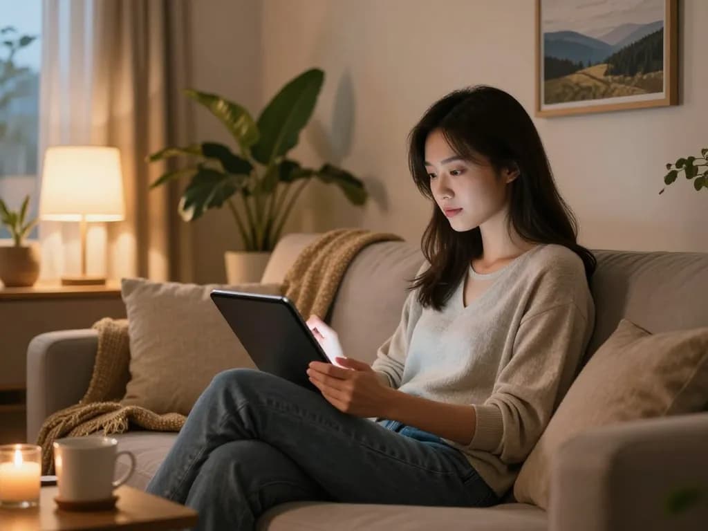 Engaging with an AI girlfriend in a cozy home setting, showcasing a tablet, warm lighting, and inviting ambiance.
