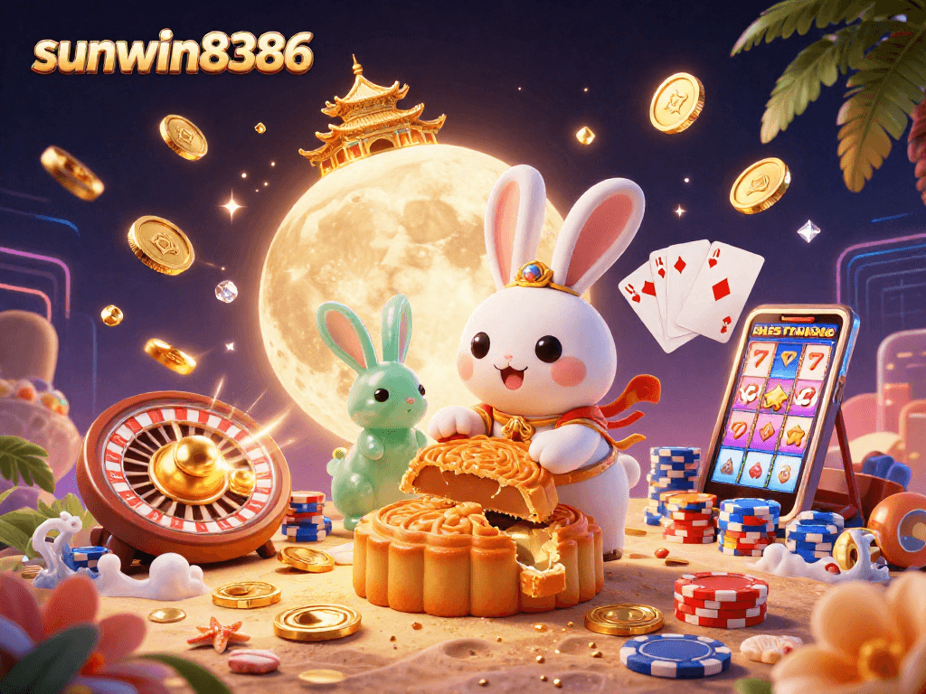 Experience thrilling entertainment at sunwin8386 with a whimsical lunar scene featuring rabbits and casino elements.