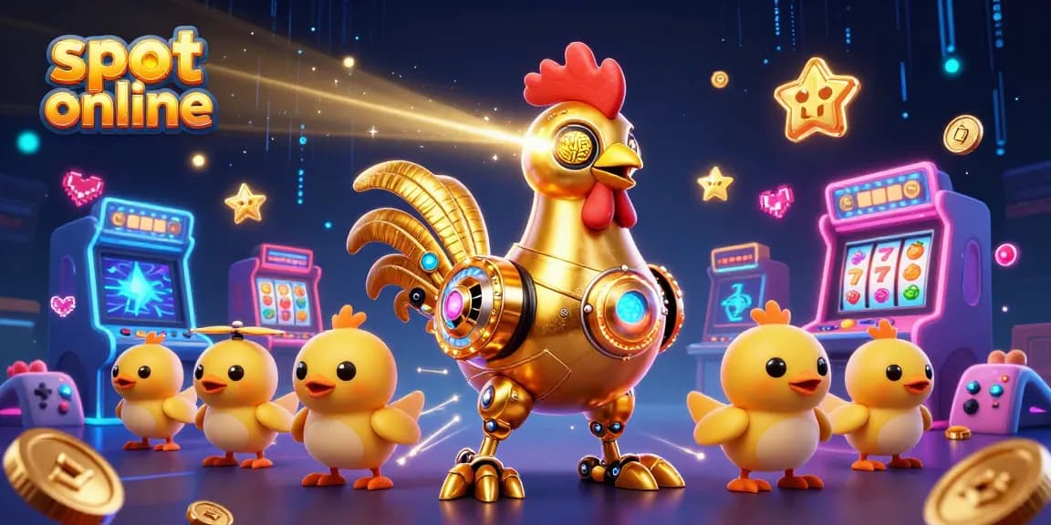 Slot online dengan robot ayam kehilangan emas dan permainan slot penuh warna di latar belakang.