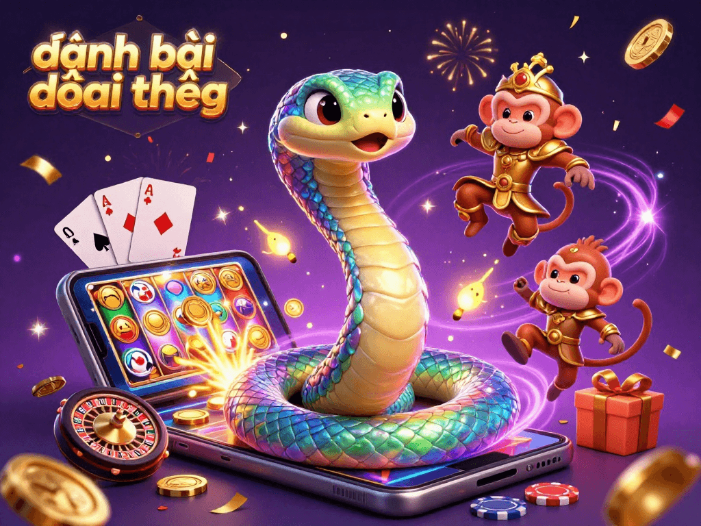 Engage in exciting đánh bài đổi thưởng with a vibrant illustration of a rainbow serpent and playful monkey king.