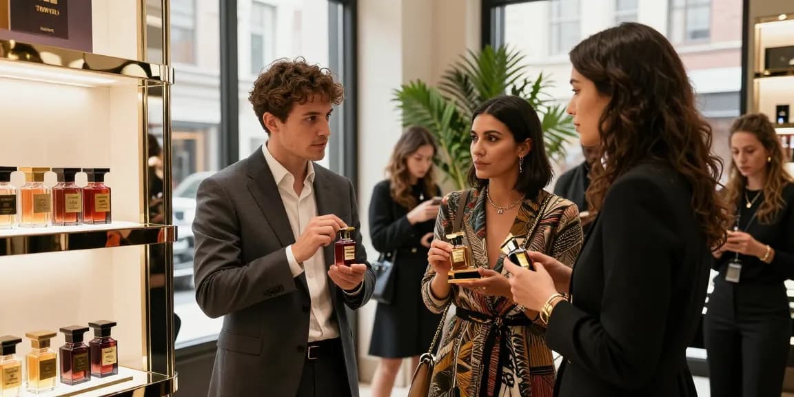 Engaging scene showcasing Tom Ford fragrances in an upscale urban boutique with diverse customers sampling luxury scents.