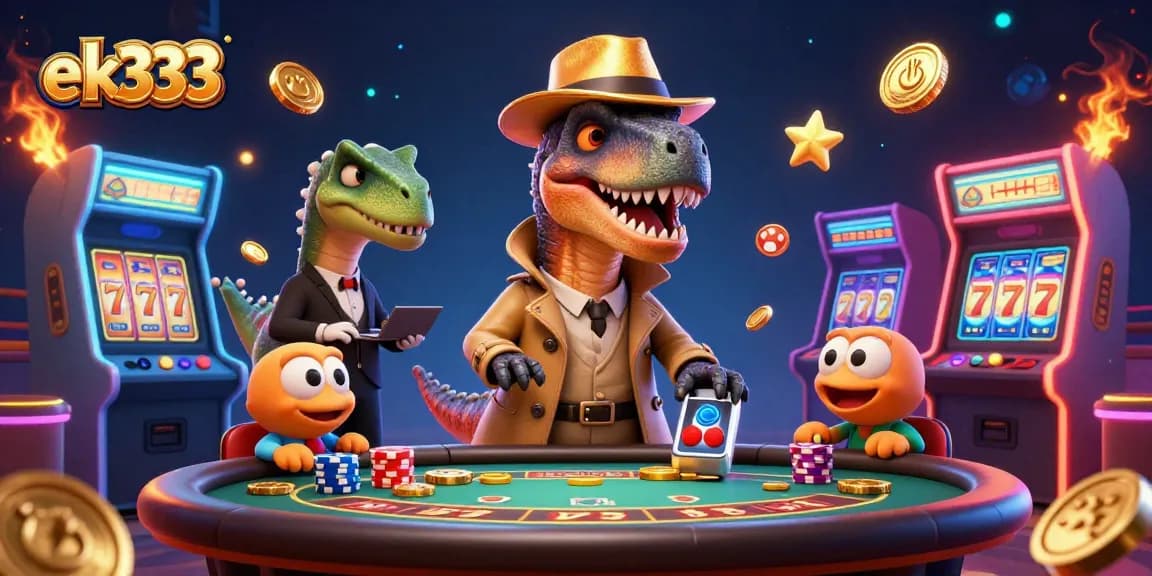 Win big at ek333 with a 3D velociraptor card counter engaging at a blackjack table!