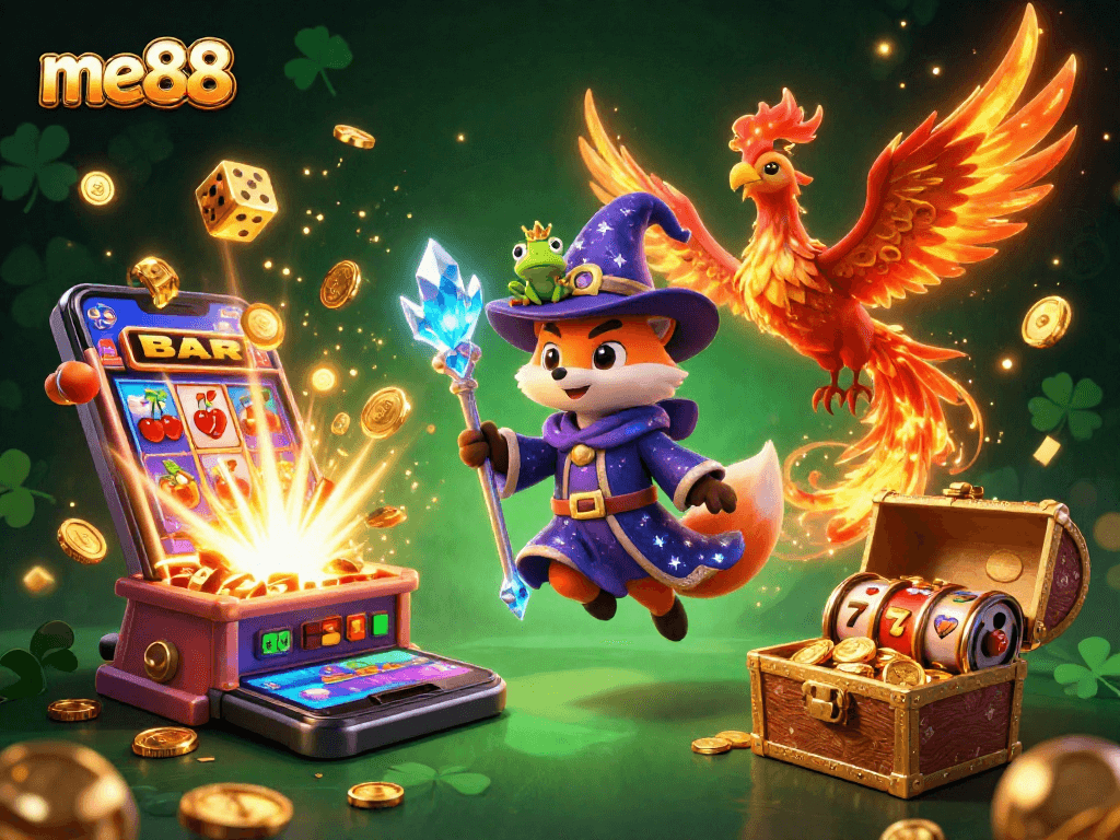 Experience me88's thrilling online slots and jackpots in an enchanting 3D casino scene.