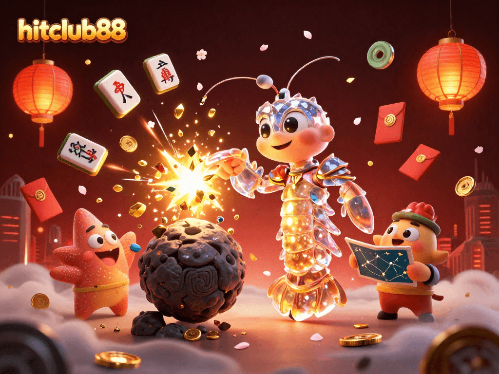 Engage with hitclub88's thrilling experience, featuring vibrant 3D illustrations of lively gaming elements.