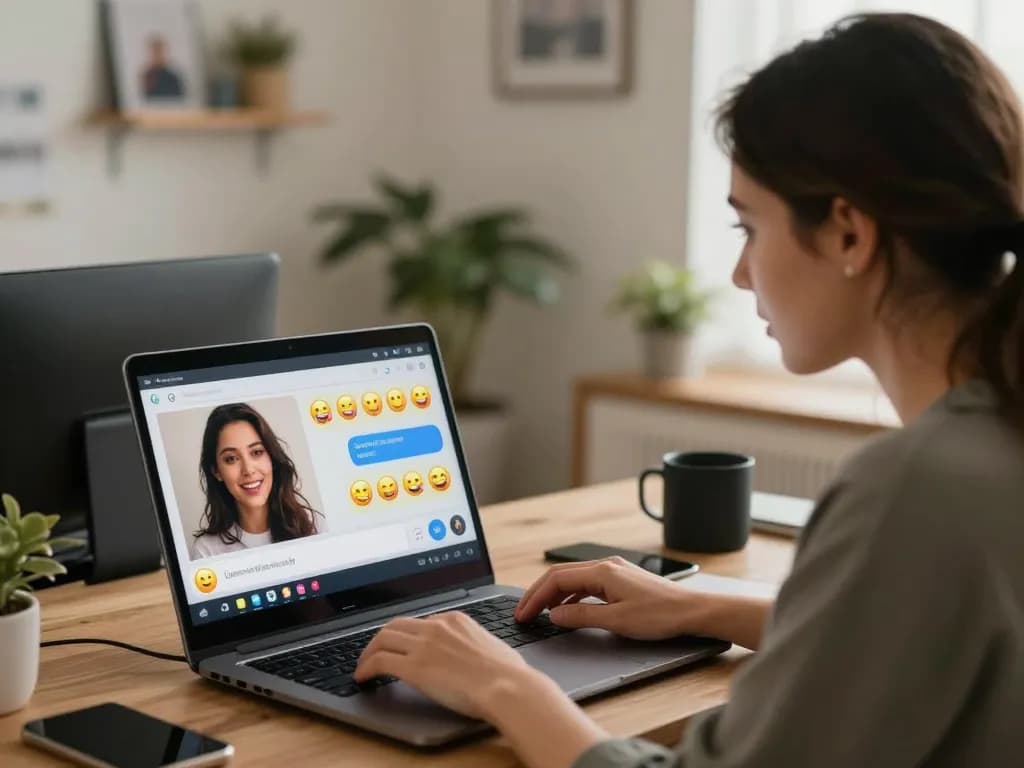 Engaging sexchat scene with cozy home office setup showcasing lively digital interaction between partners.