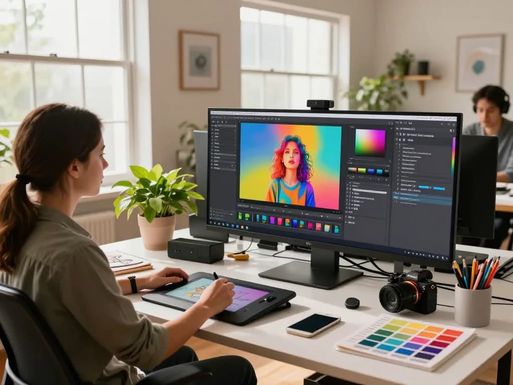 Designer using nano banana pro in a vibrant digital studio for AI image creation and editing.