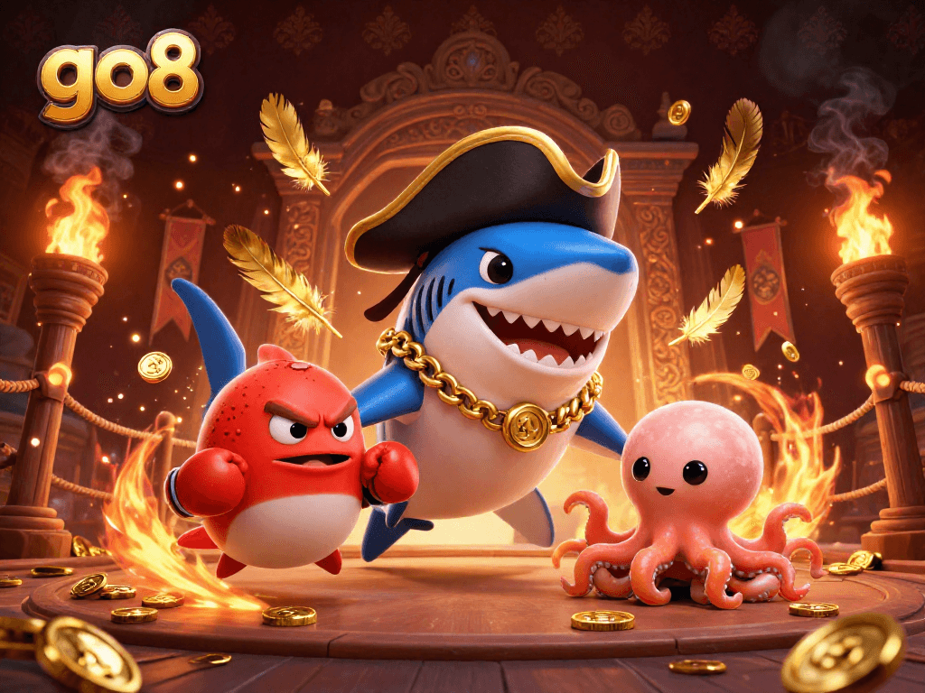 Experience thrilling gameplay at go8 with a pirate shark, pufferfish, and octopus in a vibrant underwater casino adventure.