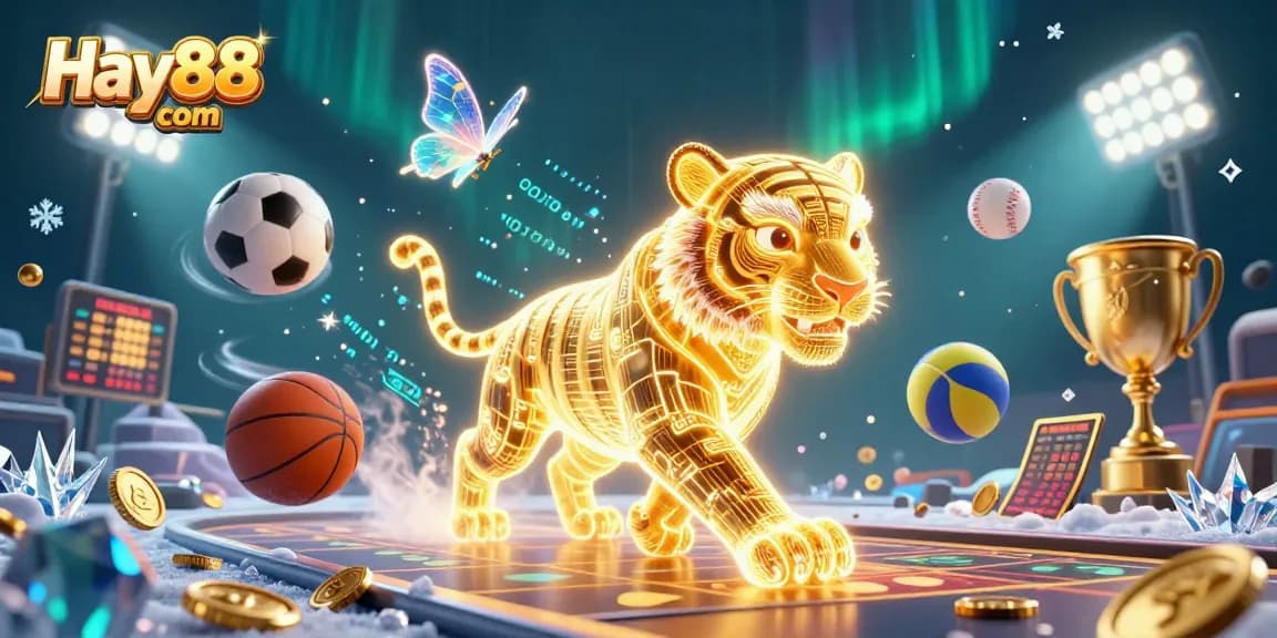Experience thrilling gaming action at Hay88 com with a vibrant digital casino featuring a neon tiger and sports elements.
