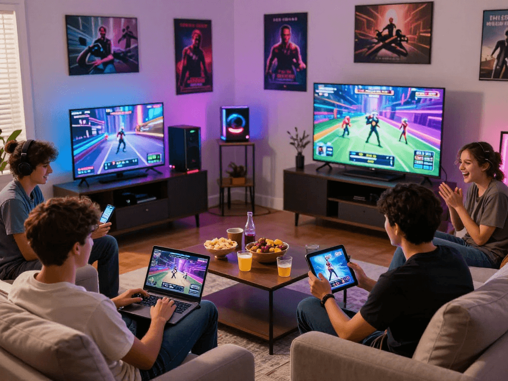 Players enjoying various porn games in a cozy living room with colorful LED lights and snacks.