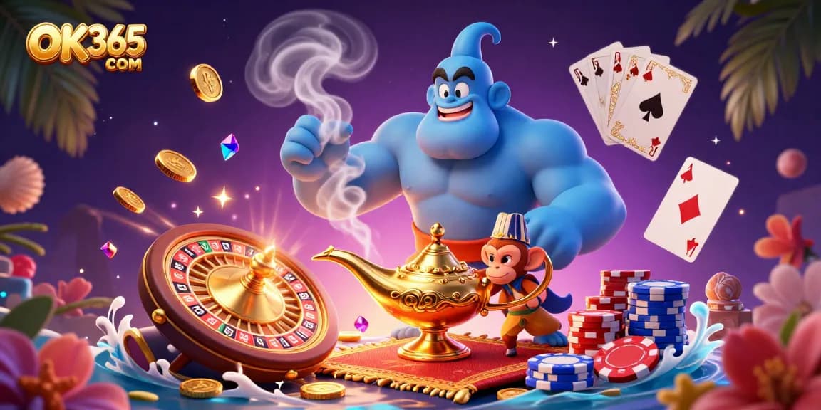 Experience the excitement of OK365 COM with a genie and poker chips in this vibrant casino illustration.