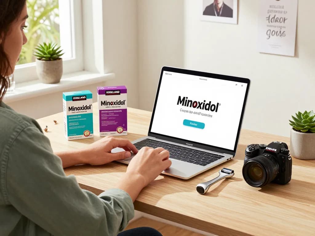 Kirkland Minoxidil UK hair regrowth products displayed on a stylish office desk, featuring various solutions for effective hair restoration.