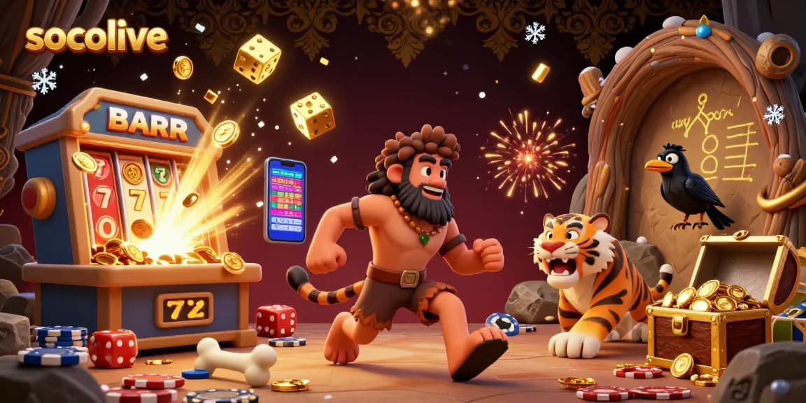 Socolive showcases a vibrant prehistoric casino scene with characters and gambling elements, highlighting the excitement of online sports betting.