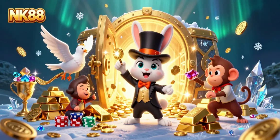 Experience excitement at NK88 with a 3D illustration of a rabbit magician and playful elements representing casino fun.