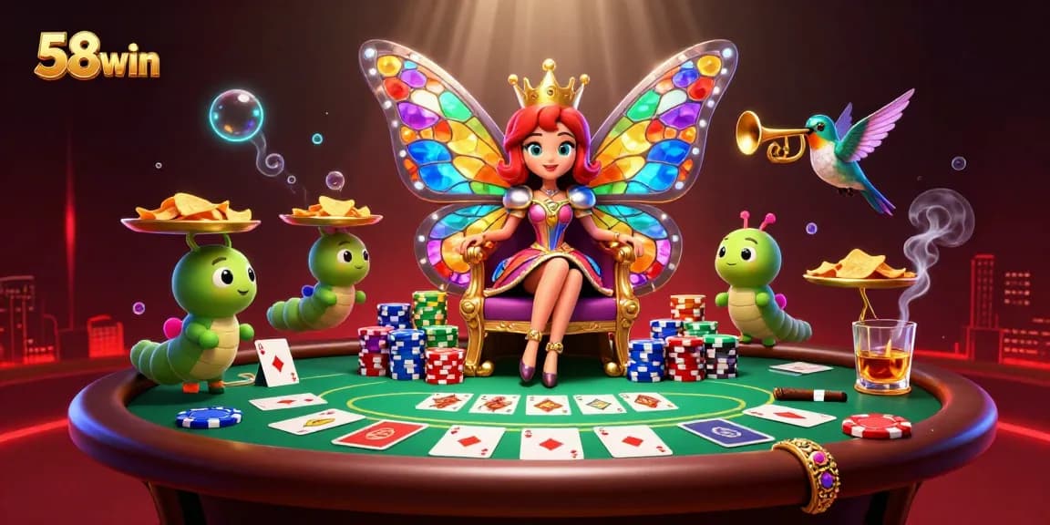 Experience thrilling action at 58win with a vibrant butterfly queen and poker elements.
