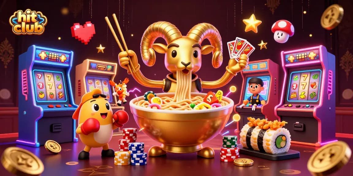 Hit Club showcases a vibrant 3D casino scene with a unique ramen bowl dealer amid thrilling game elements.