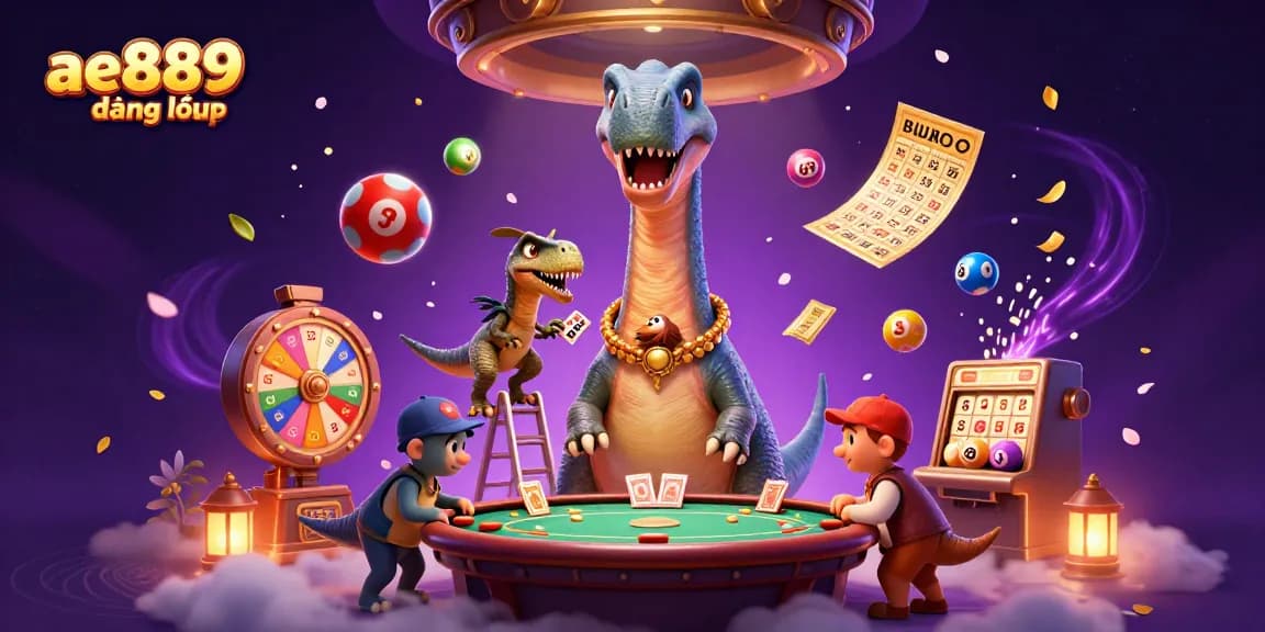 ae889 đăng nhập presents a whimsical 3D scene with a dinosaur dealing cards at a vibrant casino.