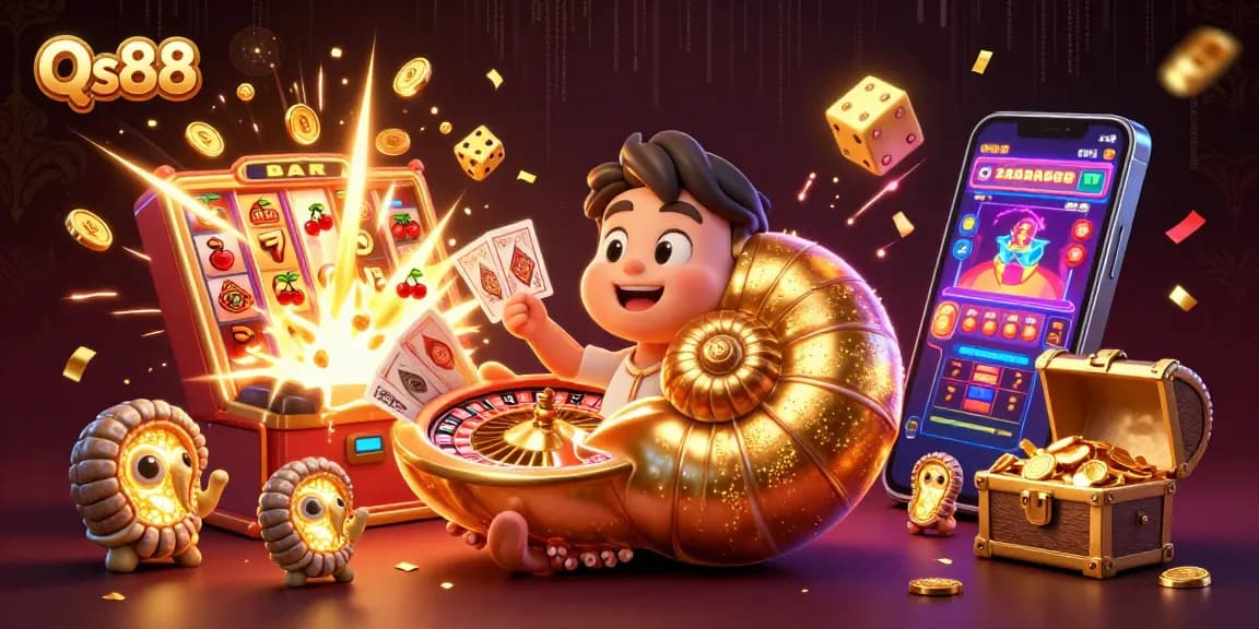 Experience thrill with Qs88's vibrant casino illustration featuring dynamic games and winnings.