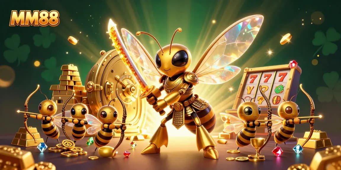 Experience the excitement of MM88's vibrant casino scene with dynamic characters amidst gold and gem treasures.