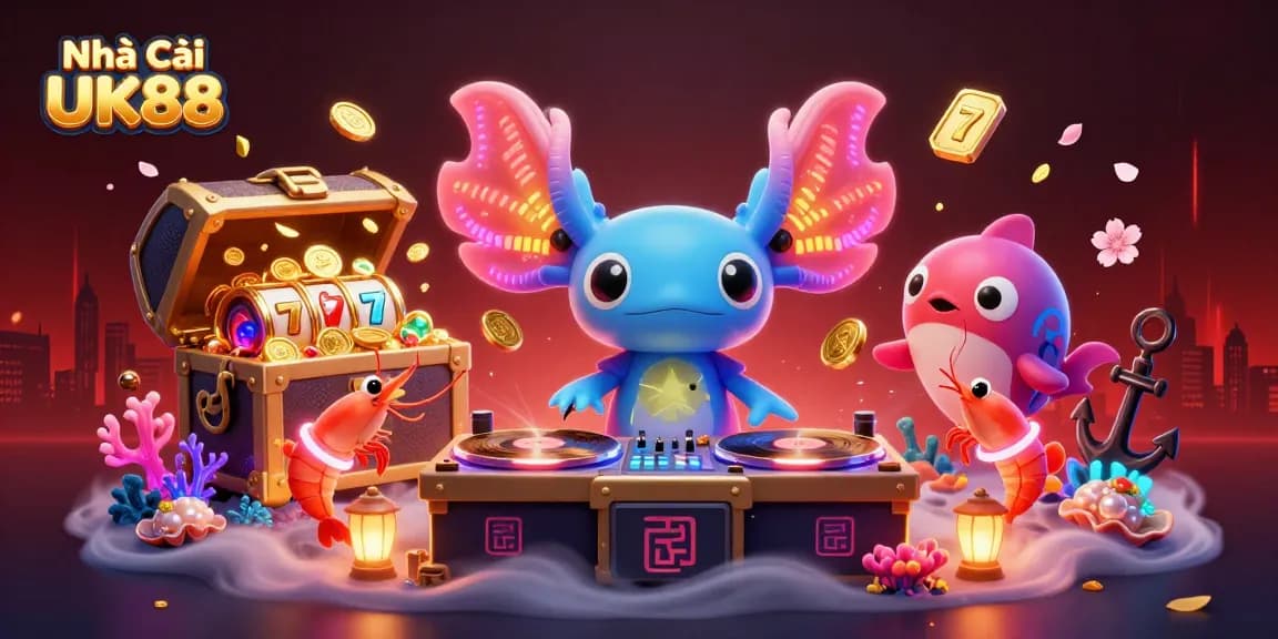 Engage with Nhà Cái UK88 through a vibrant underwater casino scene featuring playful characters.