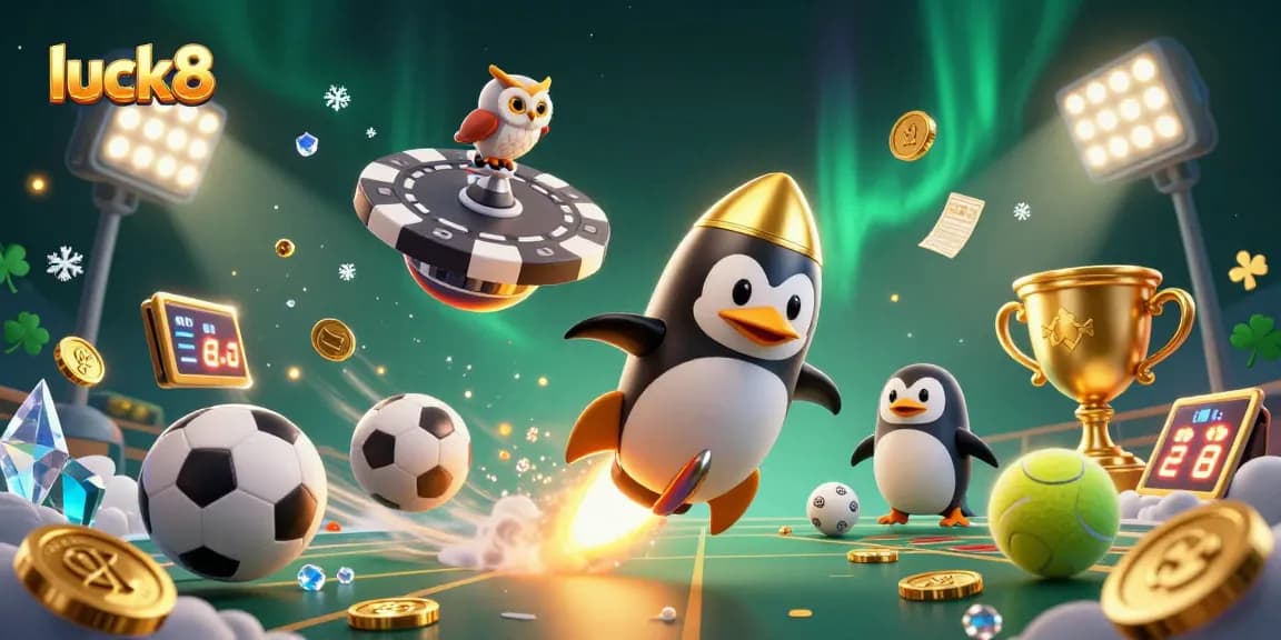 Experience luck8's thrilling gaming adventure with a golden penguin soaring through a casino galaxy.