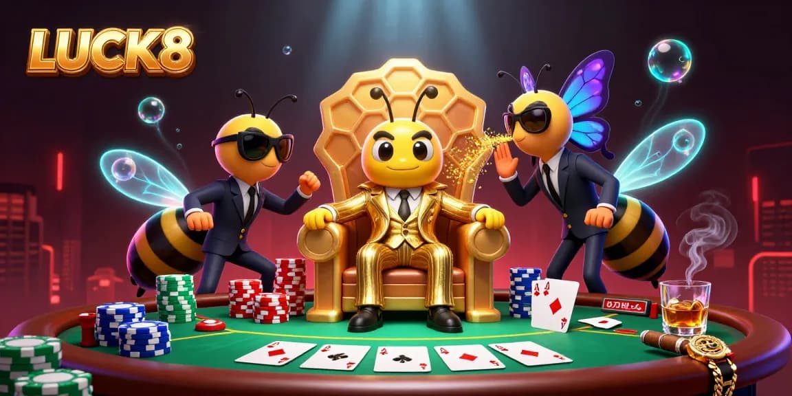 LUCK8 showcases a vibrant casino scene with a cartoon mob boss and wasp guards, capturing thrilling poker action.