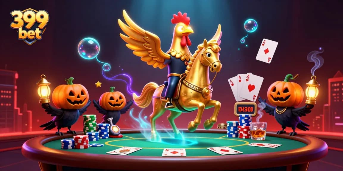 Experience thrilling casino gameplay with 399 bet's vibrant 3D illustration of a golden rooster and friends.