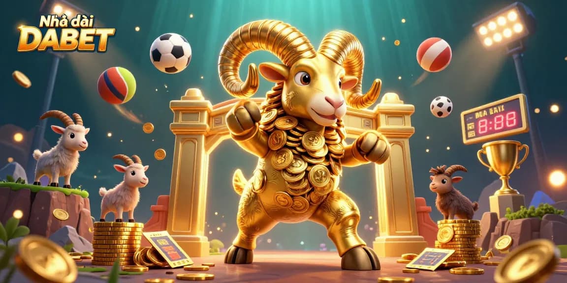 Bet on Nhà cái DABET with an exciting scene of dynamic sports betting action featuring a golden ram.