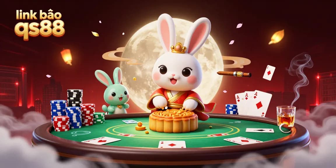 Hình ảnh của link vào qs88 hiển thị chú thỏ ngọc trên mặt trăng với poker chips.