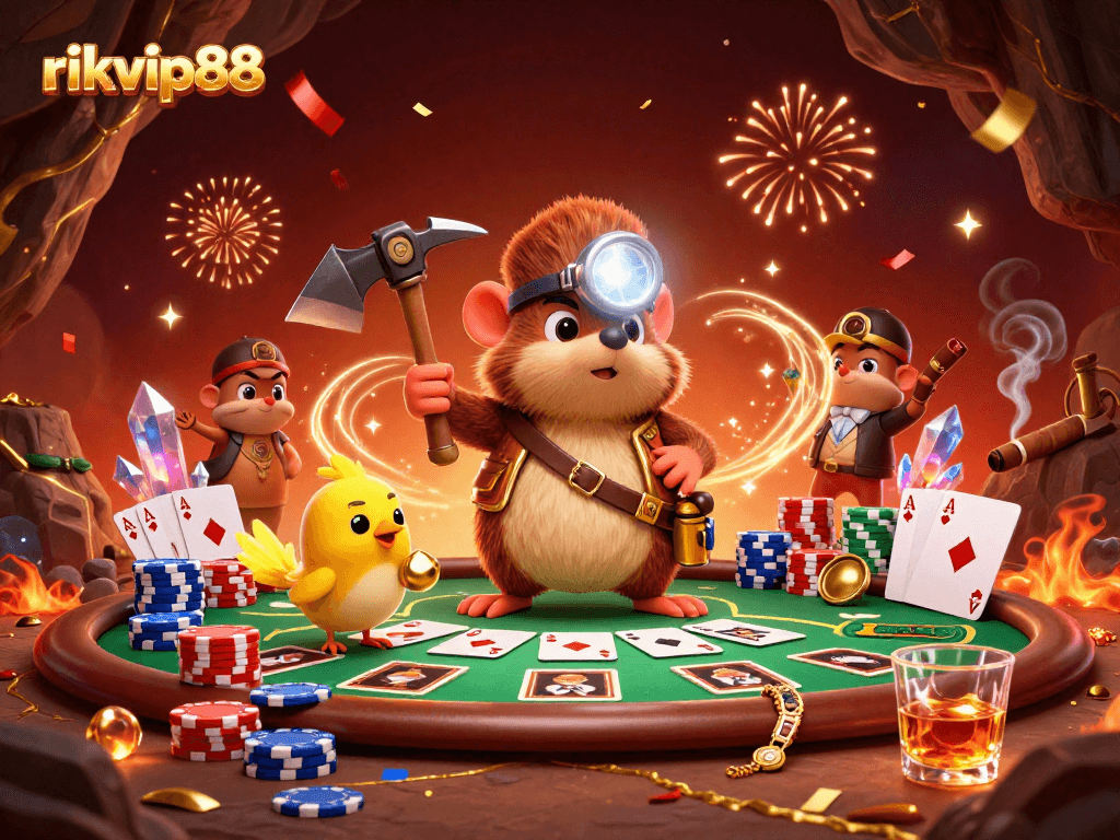 Join the thrilling action at rikvip88, where treasure hunters and poker champions meet in a vibrant casino scene.
