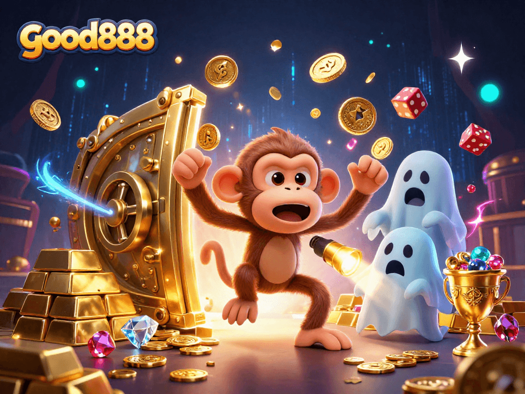 Experience the thrill of winning at good888 with an animated scene of a mischievous monkey juggling casino treasures.