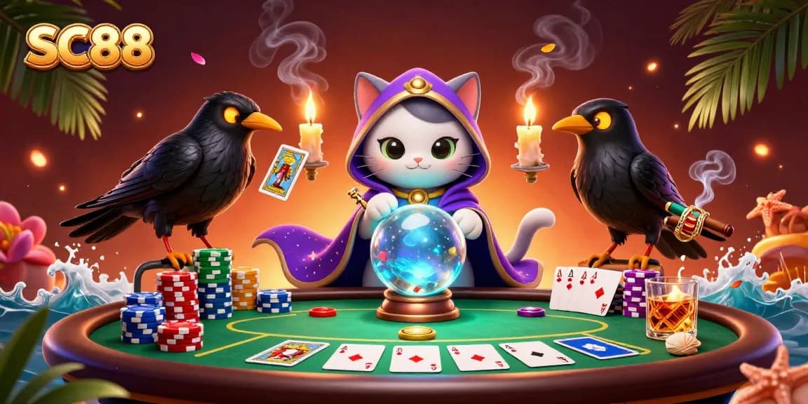 Engage with thrilling SC88 poker action featuring a mystic cat, raven, and vibrant casino atmosphere.