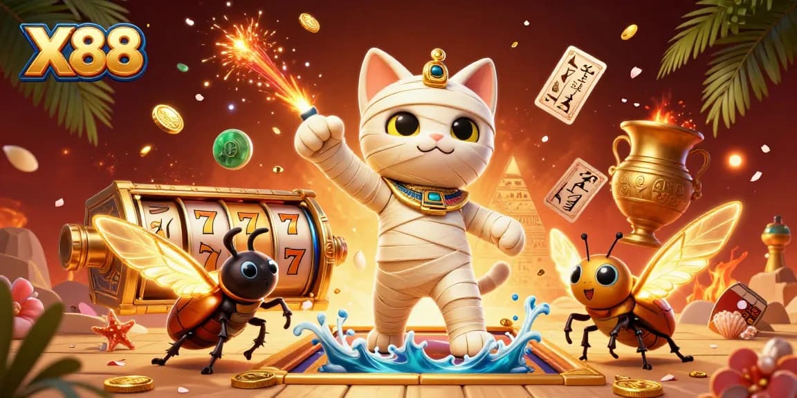 Experience thrilling wins with X88's vibrant casino illustration featuring animated characters and game elements.