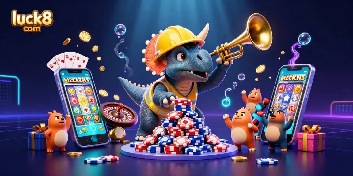 Win big with luck8 com in a vibrant casino-themed scene featuring 3D characters and dynamic gaming elements.