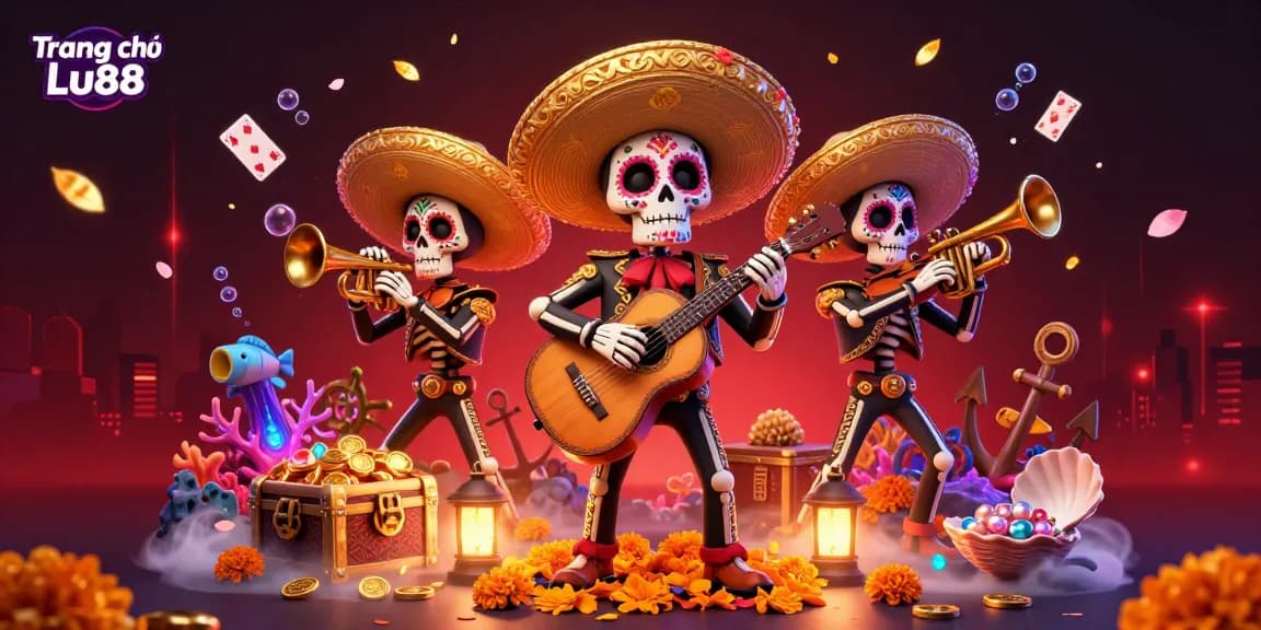 Engage in thrilling gameplay at Trang chủ Lu88 with this vibrant and detailed illustration showcasing a mariachi band amidst casino-themed elements and treasures.