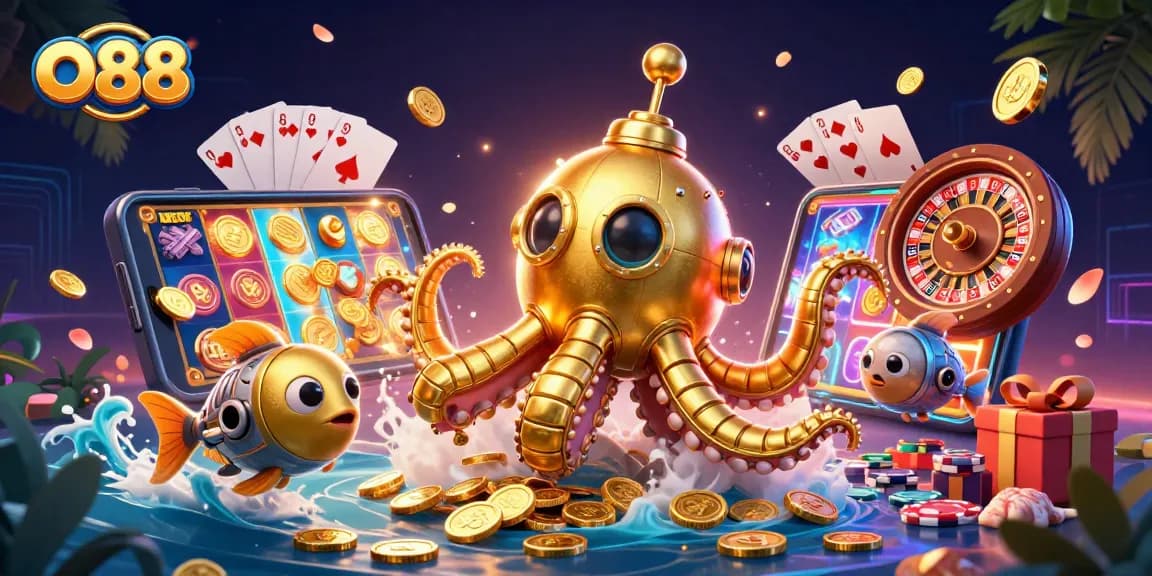 Engage with O88's thrilling slots experience featuring a kraken submarine and mechanical fish.
