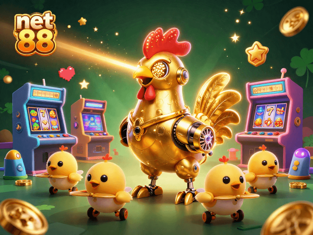 Engage with net 88's exciting slots scene featuring a golden rooster robot and dazzling 3D game elements.