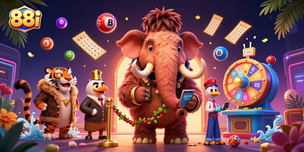 88i invites players to win big with a vibrant casino scene filled with dynamic lottery elements and exciting characters.
