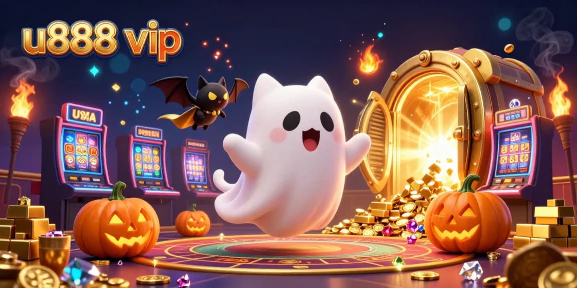 Experience fun at u888 vip with a ghost cat and a vampire bat in a casino filled with treasures.