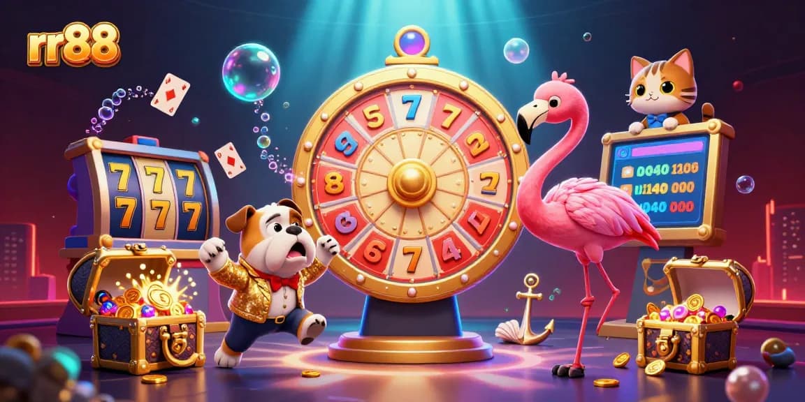 Engaging scene of rr88 casino with a game show host, bulldog contestant, and cat assistant surrounded by exciting slot game elements.
