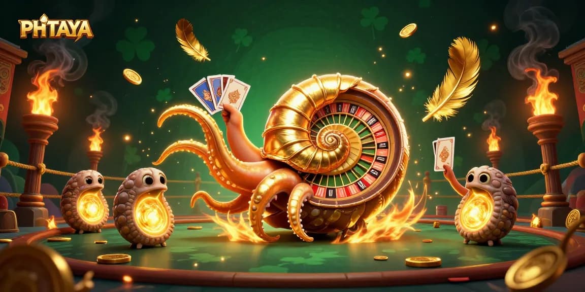 PHTAYA brings excitement to players with a vibrant casino scene featuring a giant nautilus roulette wheel.